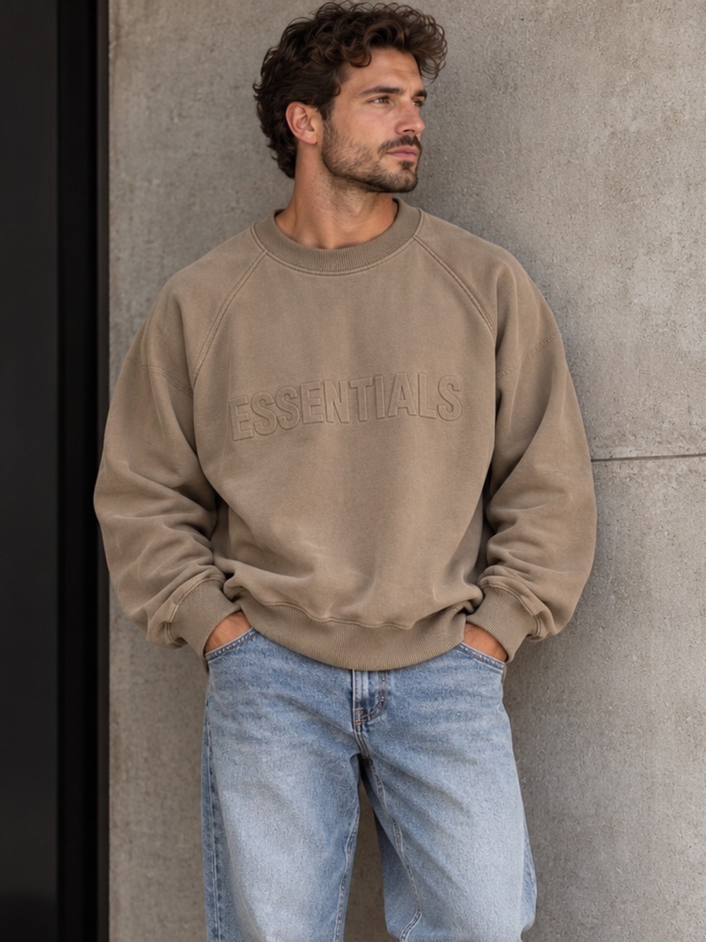 Fear of God ESSENTIALS Taupe Tonal Logo Cotton Fleece Sweatshirt Oversized